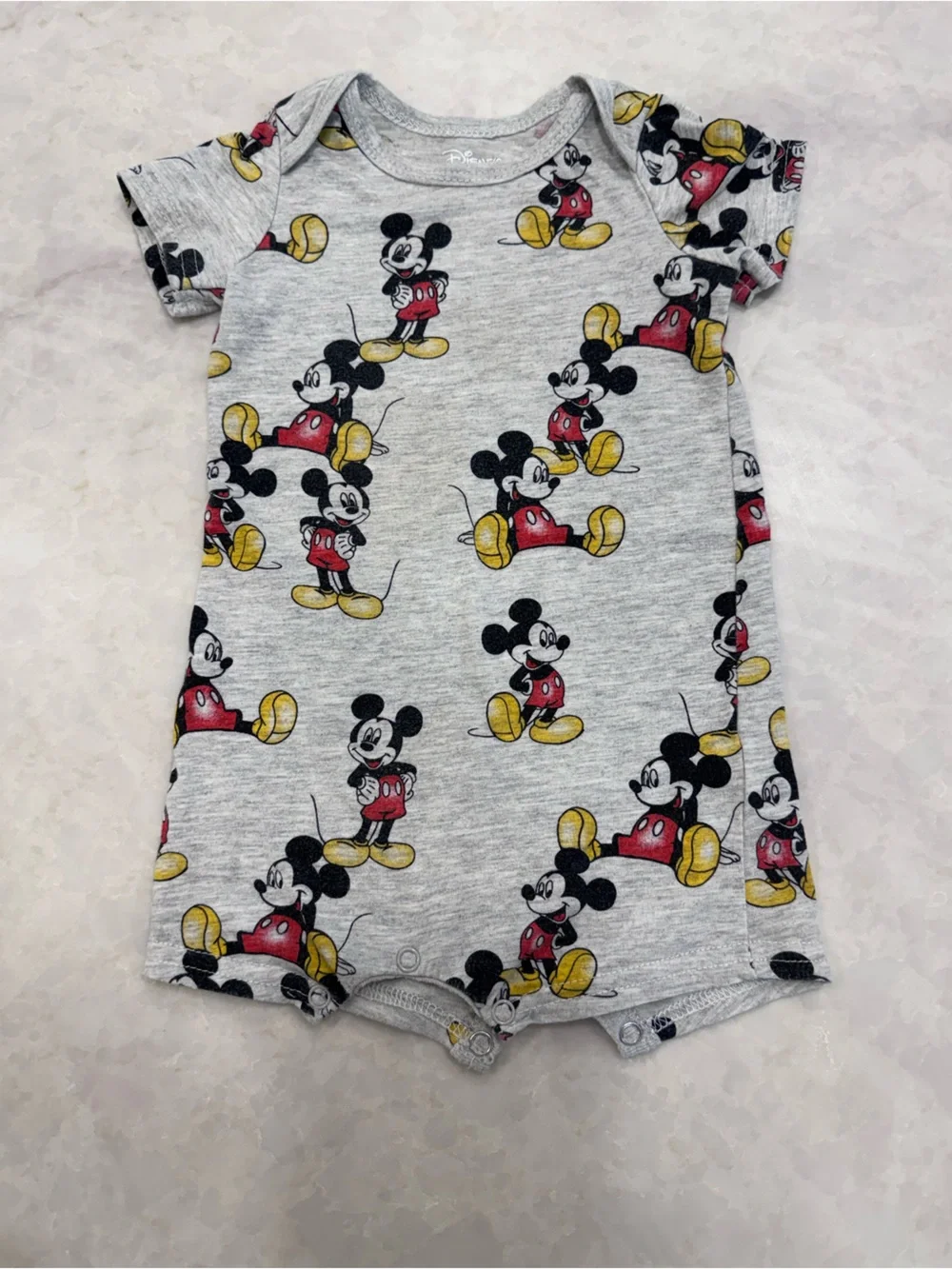 Disney Grey Mickey Mouse Printed Romper with Red and Yellow Accents